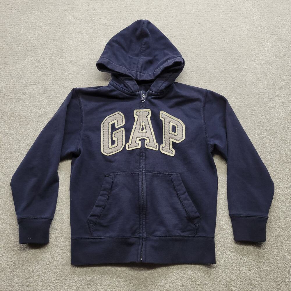 Gap Kids Hoodie Size M 8 Navy Blue Full Zip Spellout Logo Applique Sweatshirt